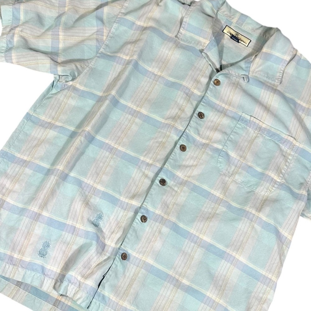 Tommy Bahama Camp Hawaiian Shirt Mens XL Blue Plaid Silk Pineapple‎ Embroidered